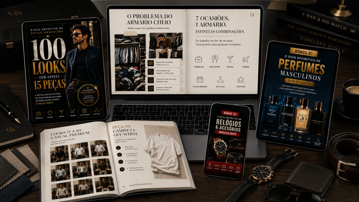 100 Looks com Apenas 15 Peças · guia, bônus e mockups